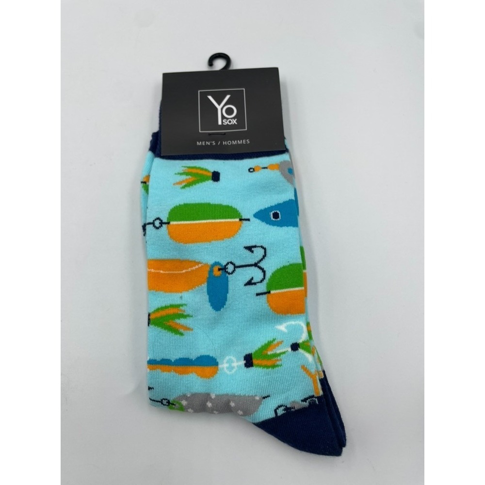 Yo Sox‎ Fishing Lure Crew Socks Men's 7-12 Aqua Blue Printed Funky Hosiery NWT
